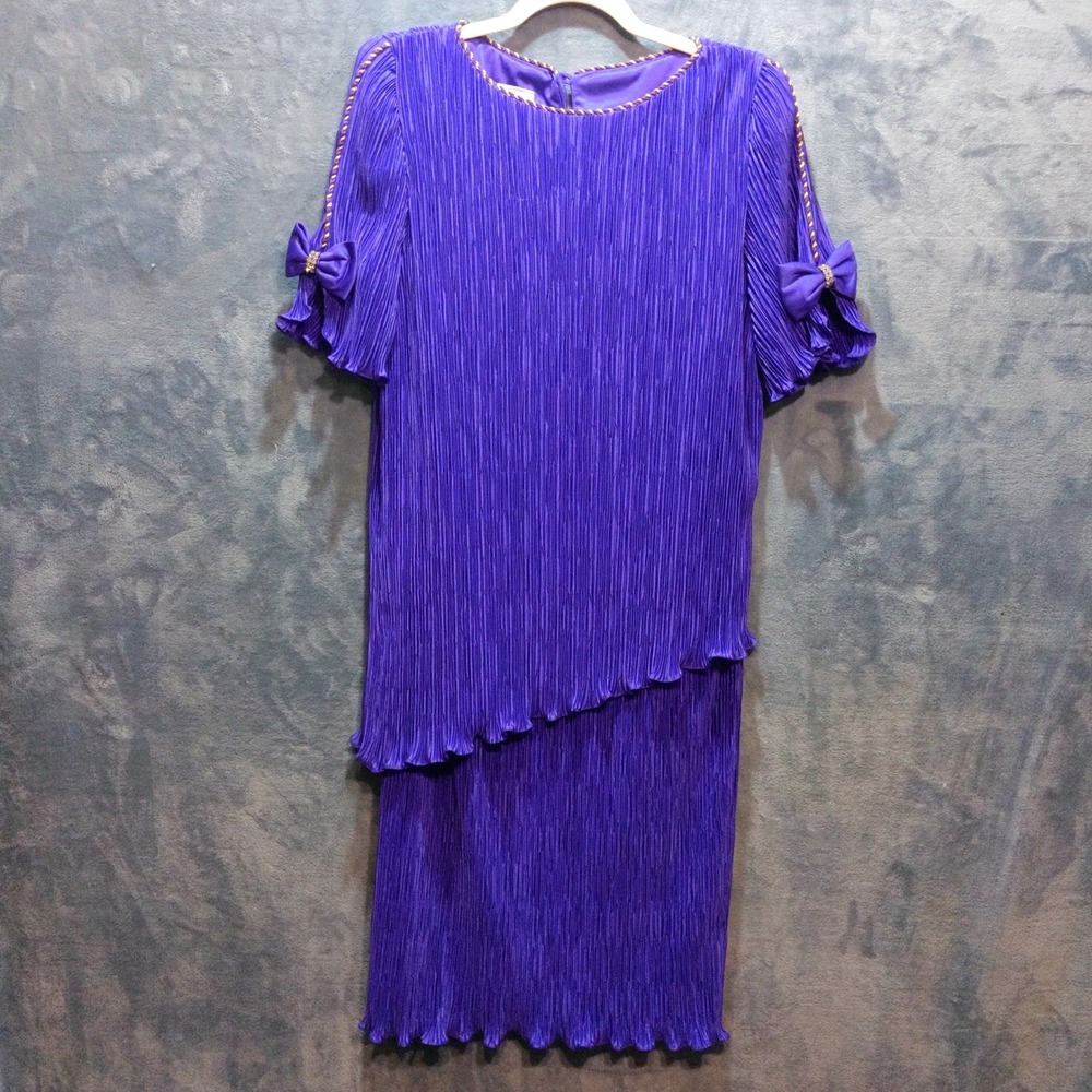 Patra Vintage Purple Accordion Pleated Tiered Bow Cocktail Dress Size 12